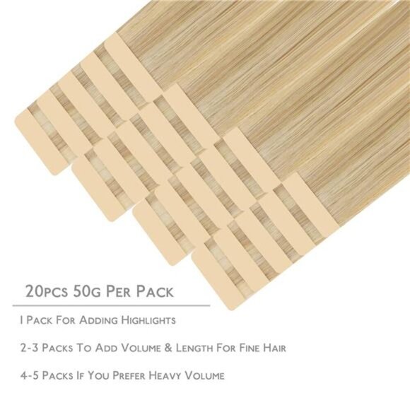 WENNALIFE Tape in Hair Extensions Human Hair, 20pcs 50g 14 inch Light Blonde - Picture 2 of 6